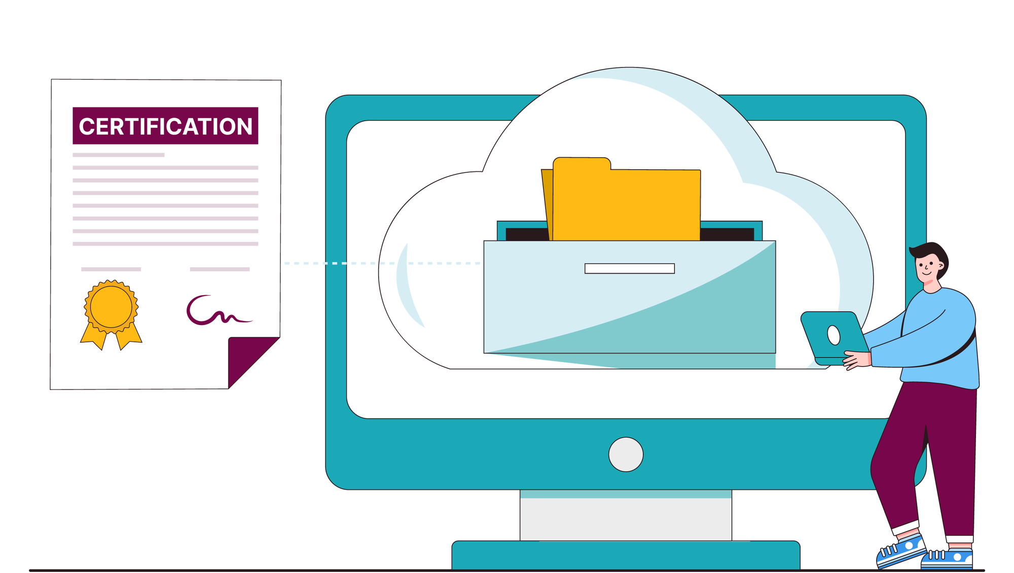 Image showing data archivist working on files, with a certificate image, implying the importance of certified repositories.