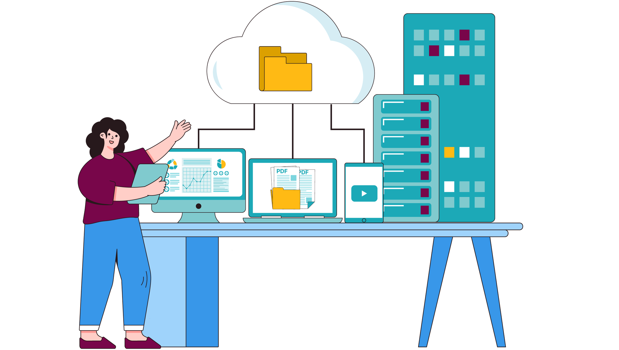 Image presents a data archivist who receives several different digital objects (such as documentation and a data file) that she will need to review, archive, and publish.
